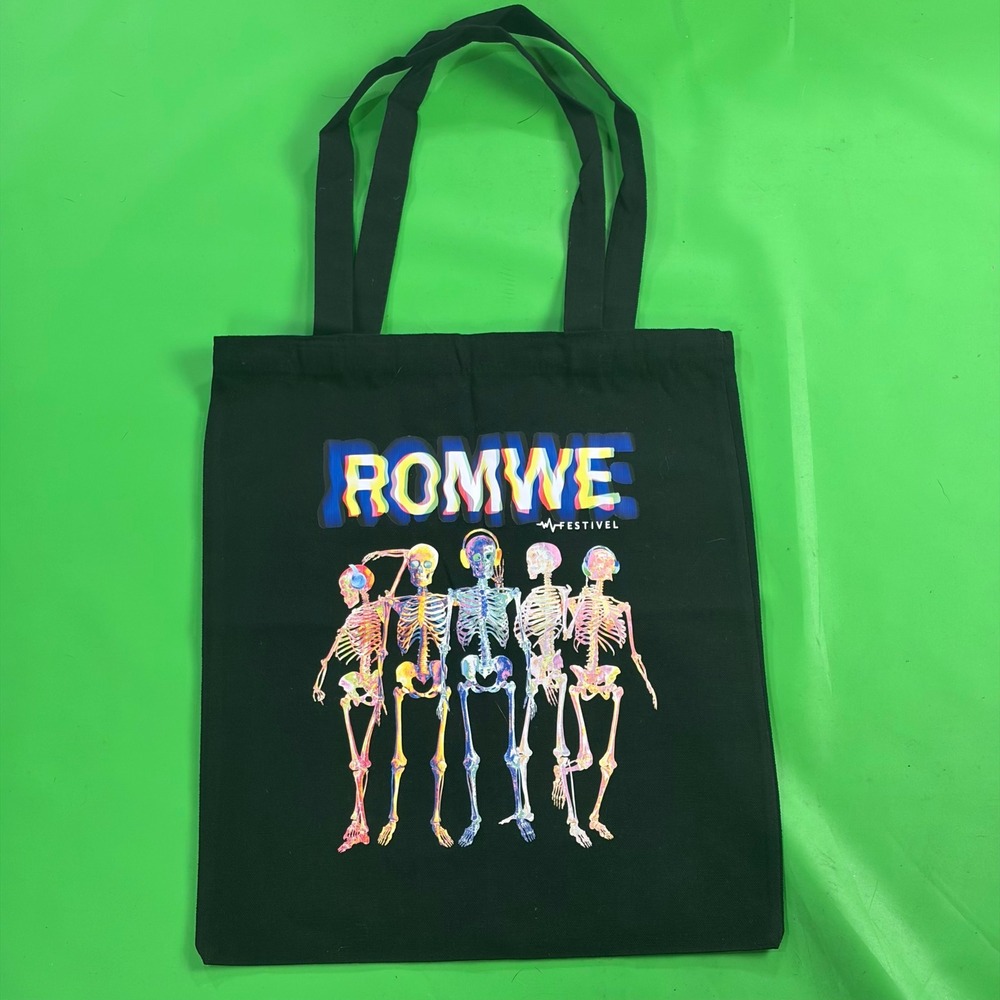 Romwe Festival Tote Bag Black Rainbow Skeleton Gothic Halloween Canvas Shopping